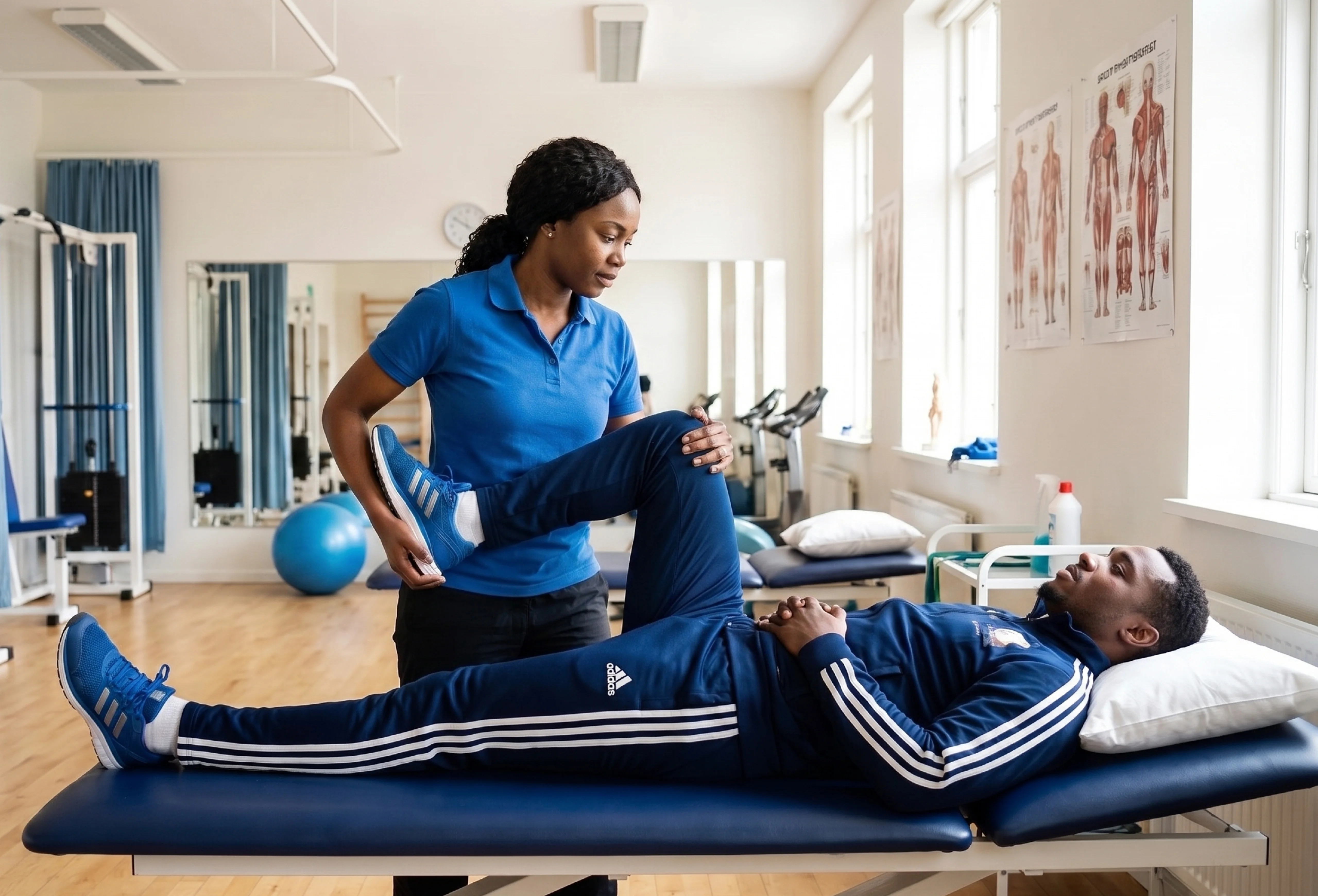 Therapist guiding a patient through a controlled mobility exercise